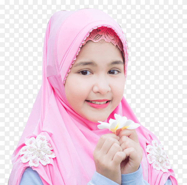 Pretty muslim girl holding white flower with smiley on transparent background PNG