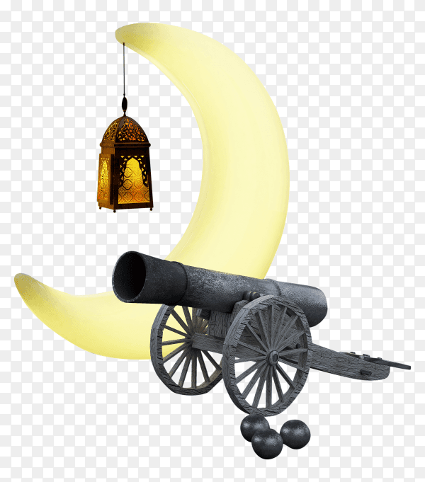 Ramadan crescent and lantern with the breakfast cannon on transparent background PNG