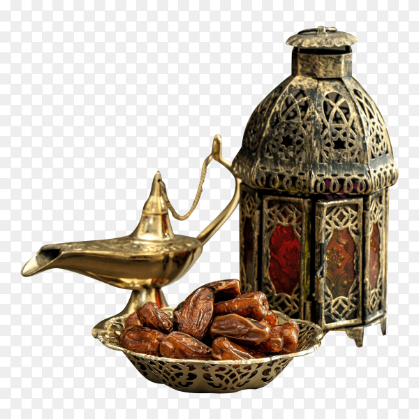 Ramadan lamp and dates Festive still life with oriental lantern on transparent PNG