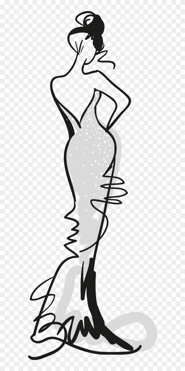 Sketch fashion girl with grey dress vector PNG