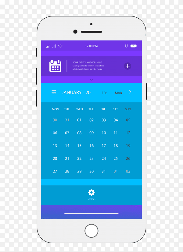 Smartphone calendar app design Premium vector PNG