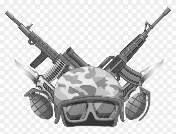 War theme with helmet and weapons vector PNG