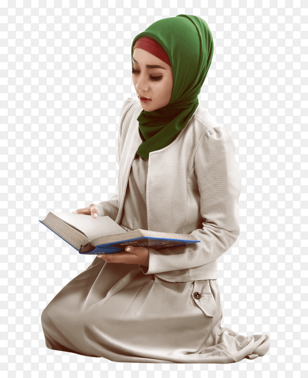 Woman reading koran on transparent background PNG