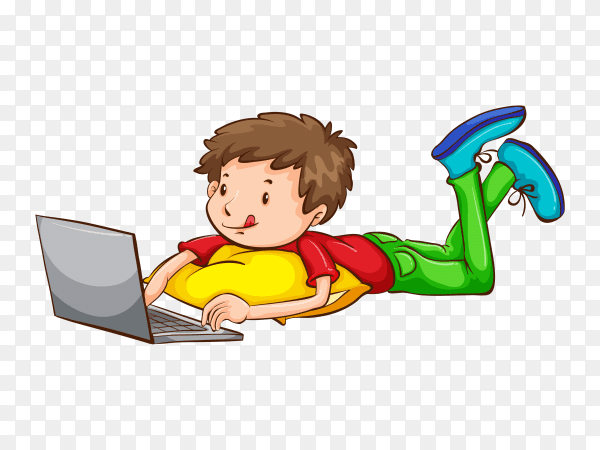 Young boy using laptop on transparent PNG