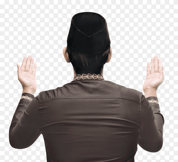 Young muslim man raising hand and pray on transparent background PNG