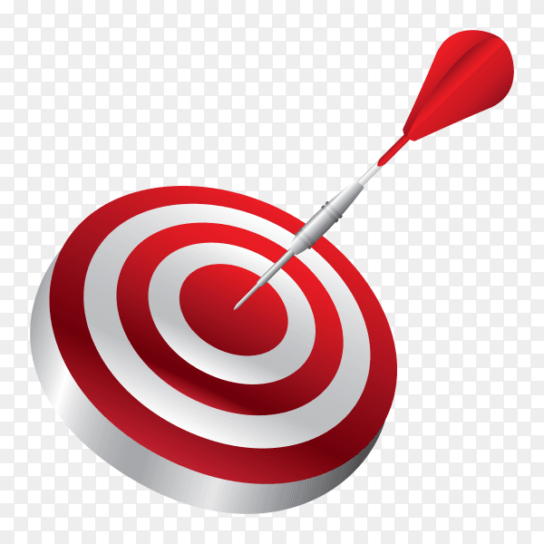 3D dartboard with red dart with shadow on transparent background PNG