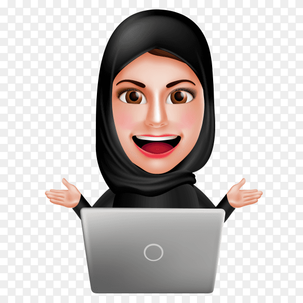 Arab business woman working on laptop on transparent background PNG