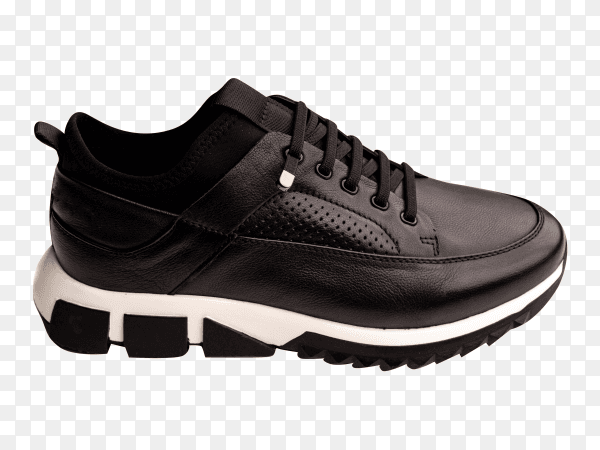 Black leather mens sneakers isolated on transparent background PNG