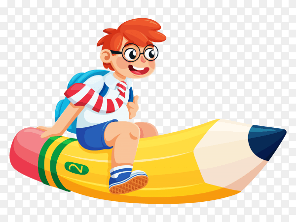 Boy flying on a pencil back to school concept on transparent background PNG