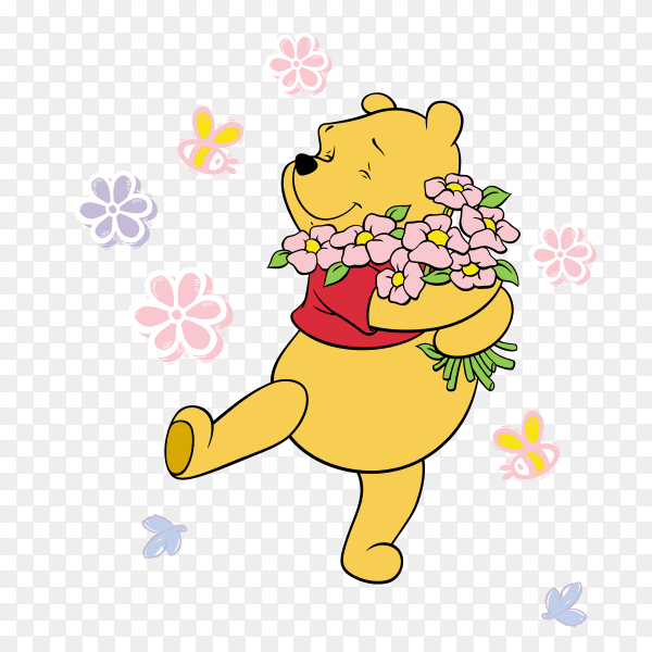 Cartoon pooh with flowers on transparent background PNG