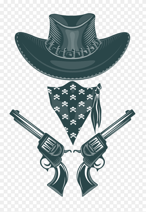 Cowboy Hat with Revolvers and Mask on transparent background PNG