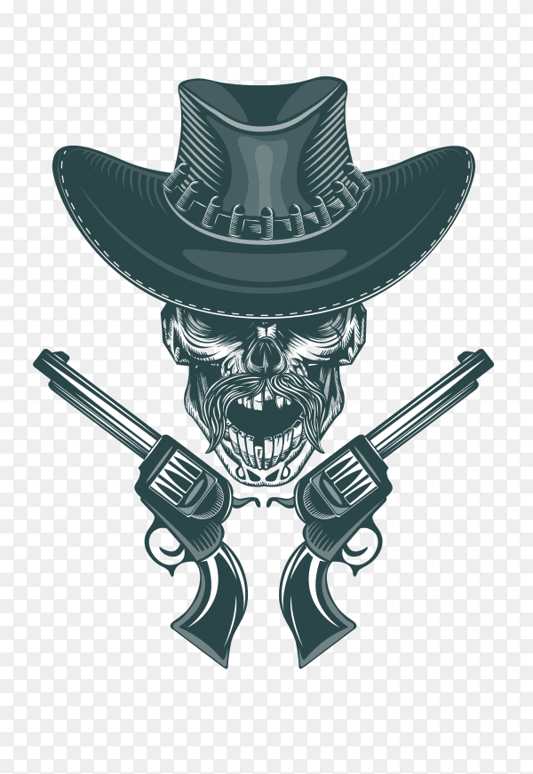Cowboy skull with mustached and pistols on transparent background PNG