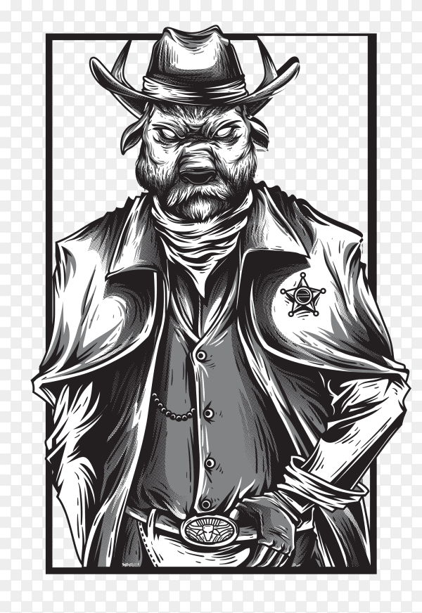 Cowboy warrior black and white illustration on transparent background PNG
