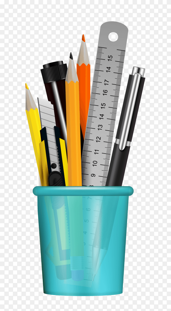Different stationery items in blue bottle on transparent background PNG