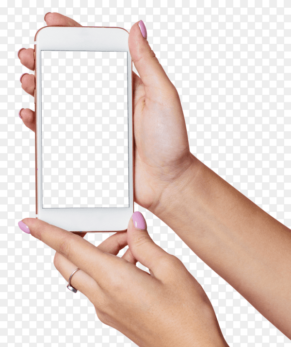Female hands hold mobile phone with white screen on transparent background PNG