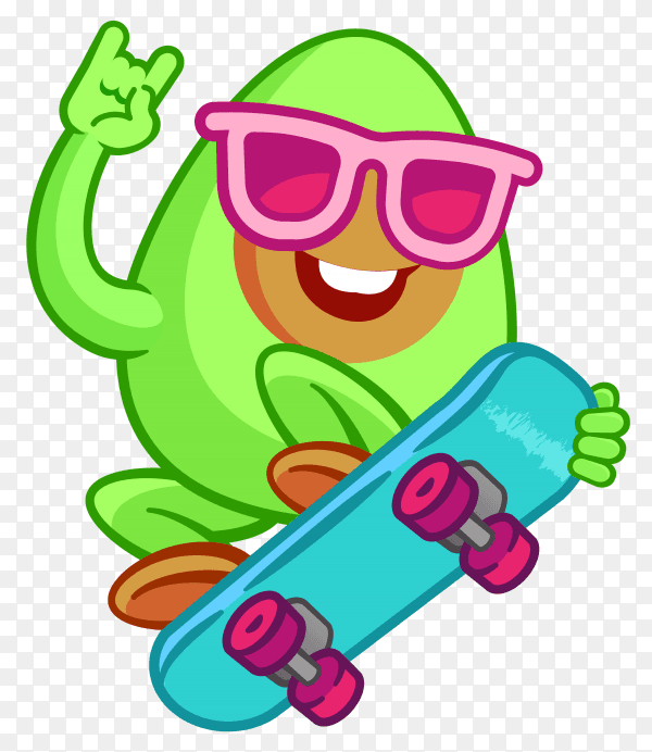 Funny cartoon avocado character playing skateboard Premium vector PNG