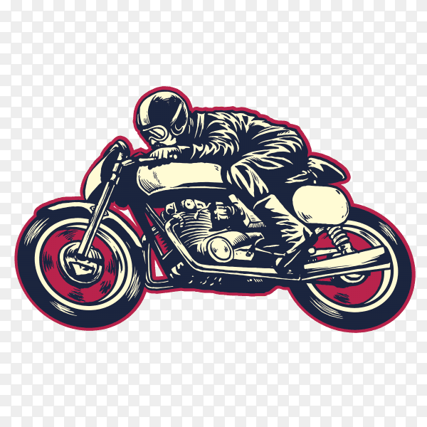 Hand drawing of a man riding classic racer motorcycle on transparent background PNG