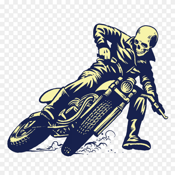 Hand drawing of skull riding vintage motorcycle on transparent background PNG