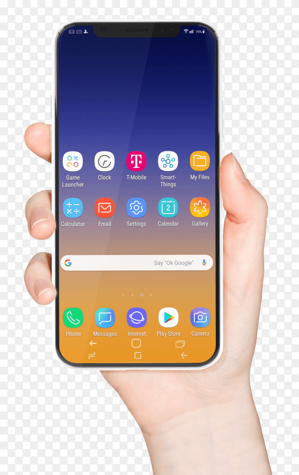 Hand holding Smartphone on transparent background PNG