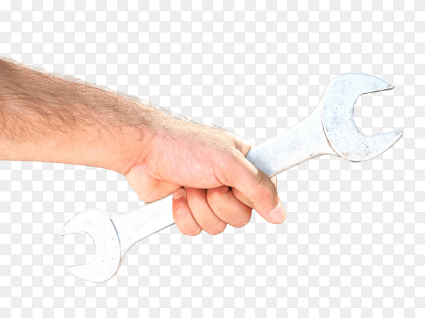 Hand holding spanner on transparent background PNG