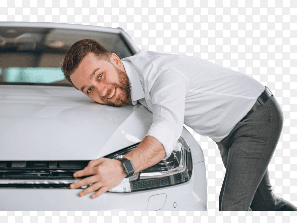Handsome man hugging a car on transparent background PNG