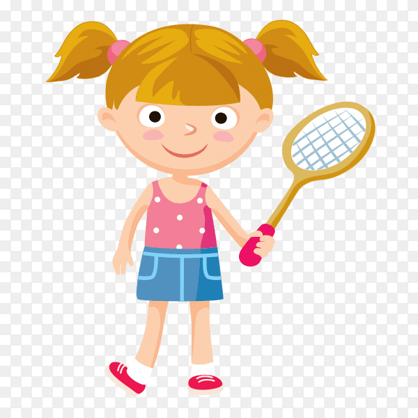 Happy girl holding Basketball racket on transparent background PNG