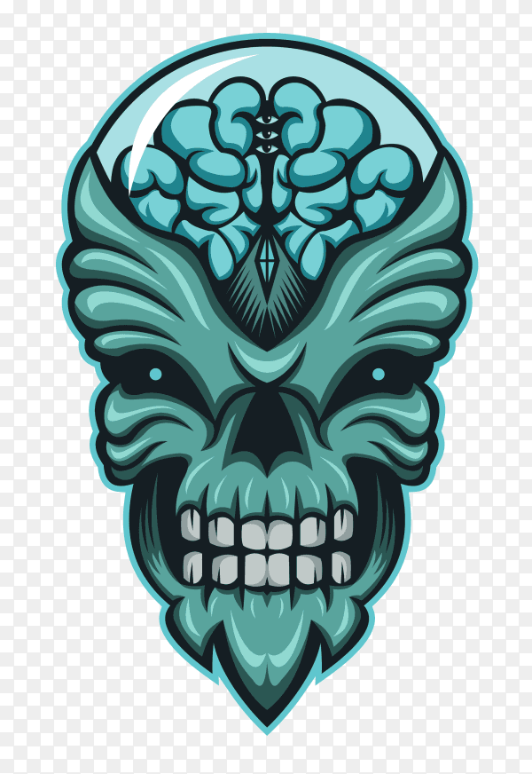 Human Skull with brain inside glass on transparent background PNG