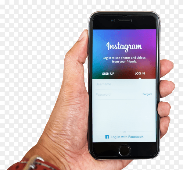Man hand holding iphone with login screen instagram on transparent background PNG