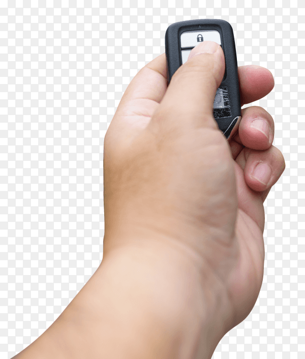 Man hand is pressing remote lock unlock car door on transparent background PNG