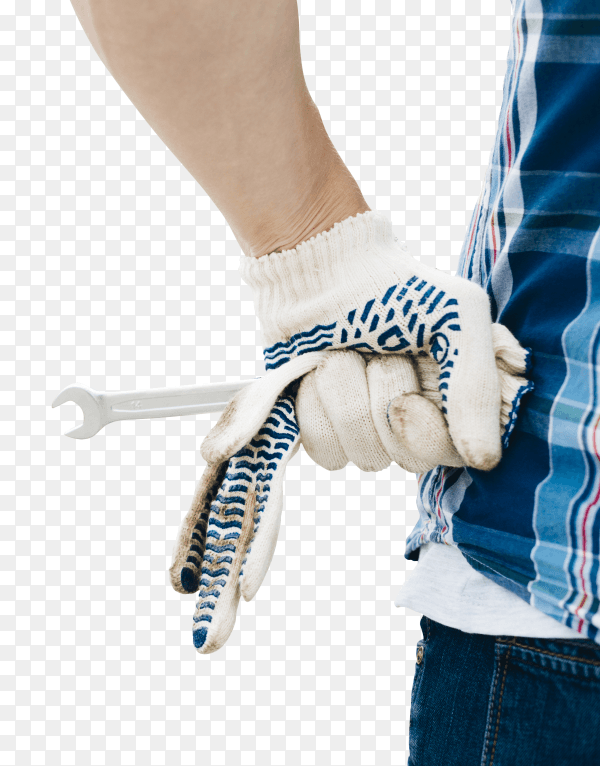 Man wearing gloves holding wrench on transparent background PNG