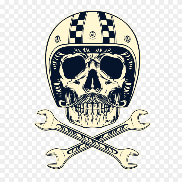 Motorcyclist skull wearing helmet and goggles on transparent background PNG