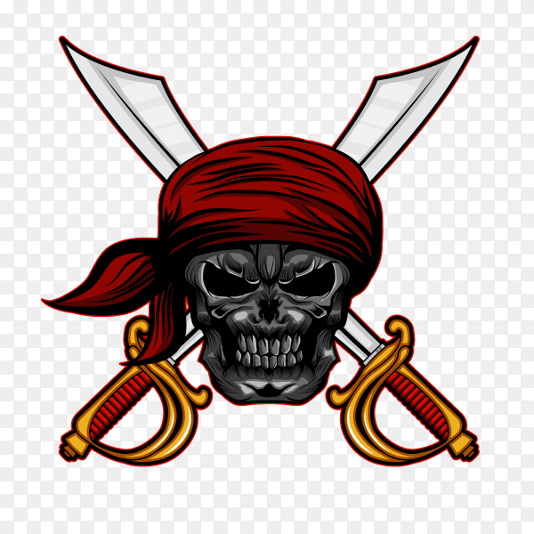 Pirate skull head with headband cross sword on transparent background PNG