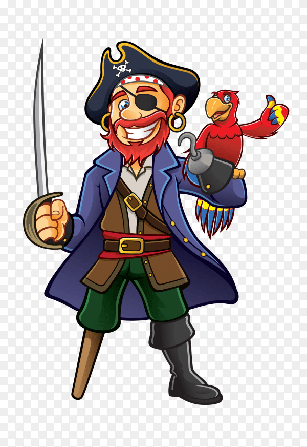 Pirate was standing holding a drawn sword with a parrot perched on hand Premium Vector PNG