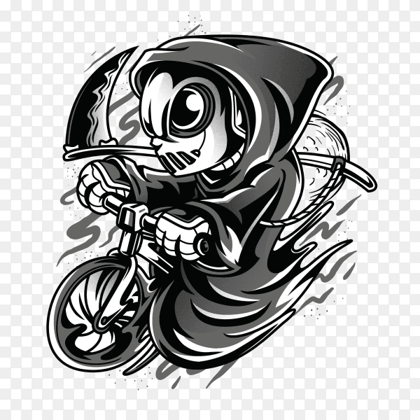 Reaper as biker with black and white illustration on transparent background PNG