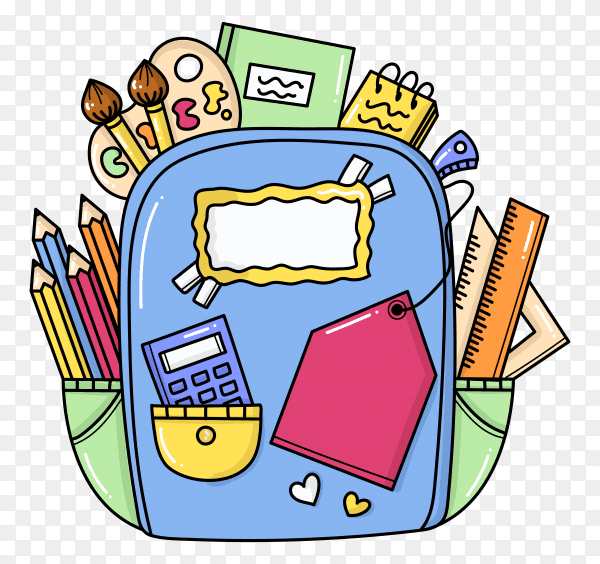 School essentials with backpack and colored pencils on transparent background PNG