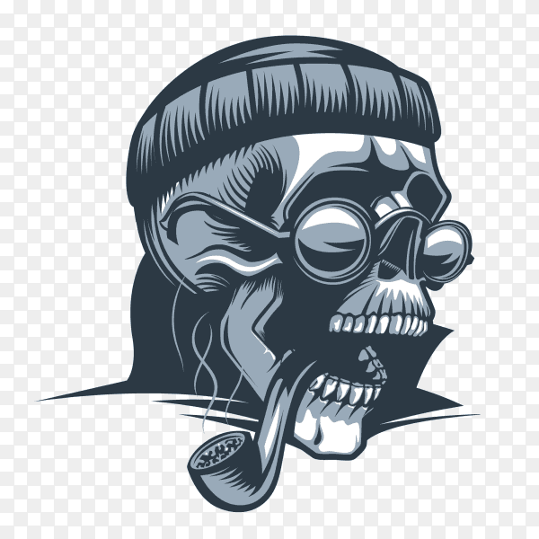 Skull head with pipe and glasses on transparent background PNG