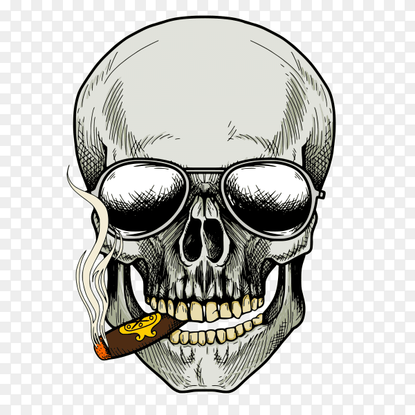 Skull smoking cigarette and wearing sunglasses on transparent background PNG