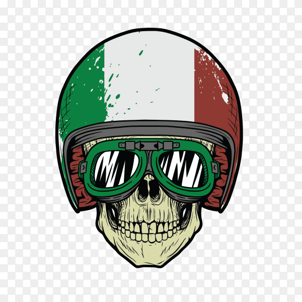 Skull with italian helmet with green glass on transparent background PNG