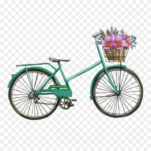 Watercolor bicycle with flowers on transparent background PNG