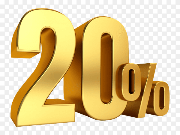 3D Gold metal discount 20 percent on transparent background PNG
