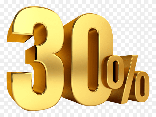 3D Gold metal discount 30 percent on transparent background PNG