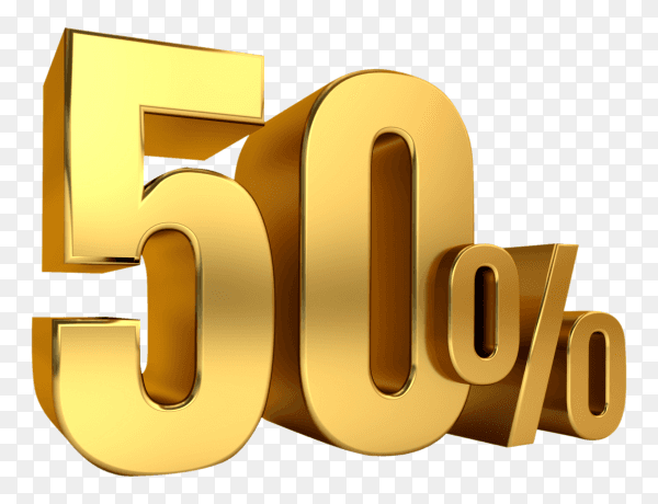 3D Gold metal discount 50 percent on transparent background PNG