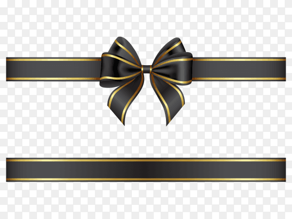 Black ribbon bow with gold edging on transparent background PNG