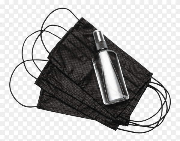 Bottle of Lotion sanitizer and balck medical masks on transparent background PNG