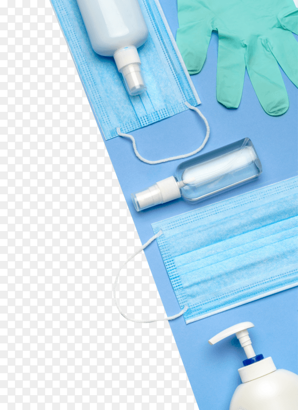 Bottle of Lotion sanitizer with medical gloves and medical mask on transparent background PNG