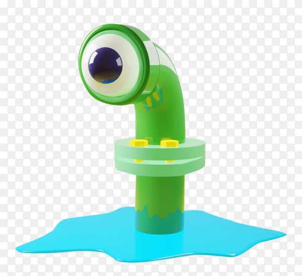 Cartoon monster with sewer pipe green with one eye on transparent background PNG