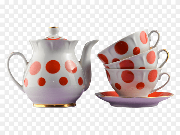 Ceramic teapot and cups polka dots on wooden table on transparent background PNG