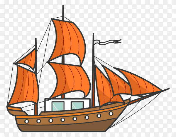 Color ship with orange sails on transparent background PNG