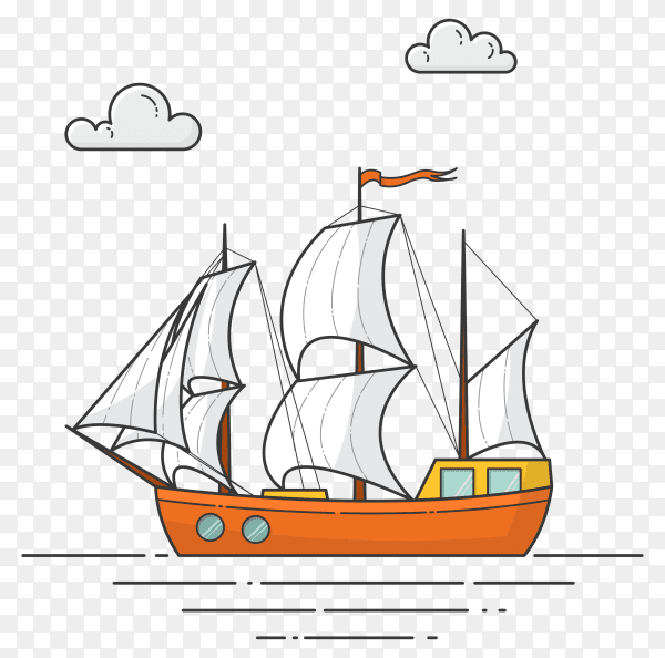 Color ship with white sails on transparent background PNG