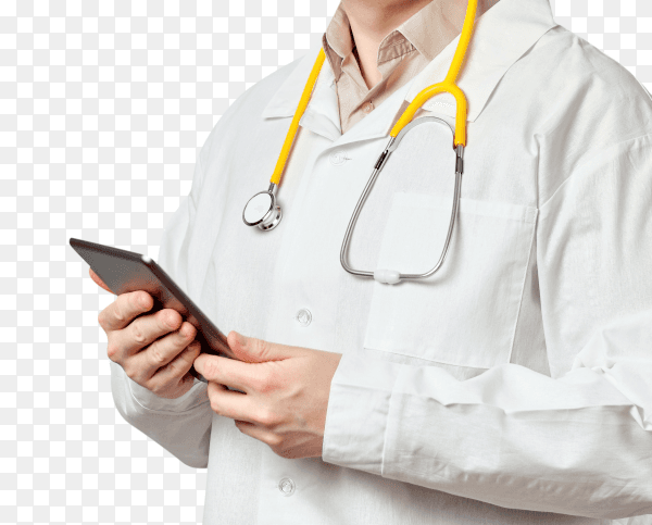 Doctor man wear white coat with tablet on transparent background PNG